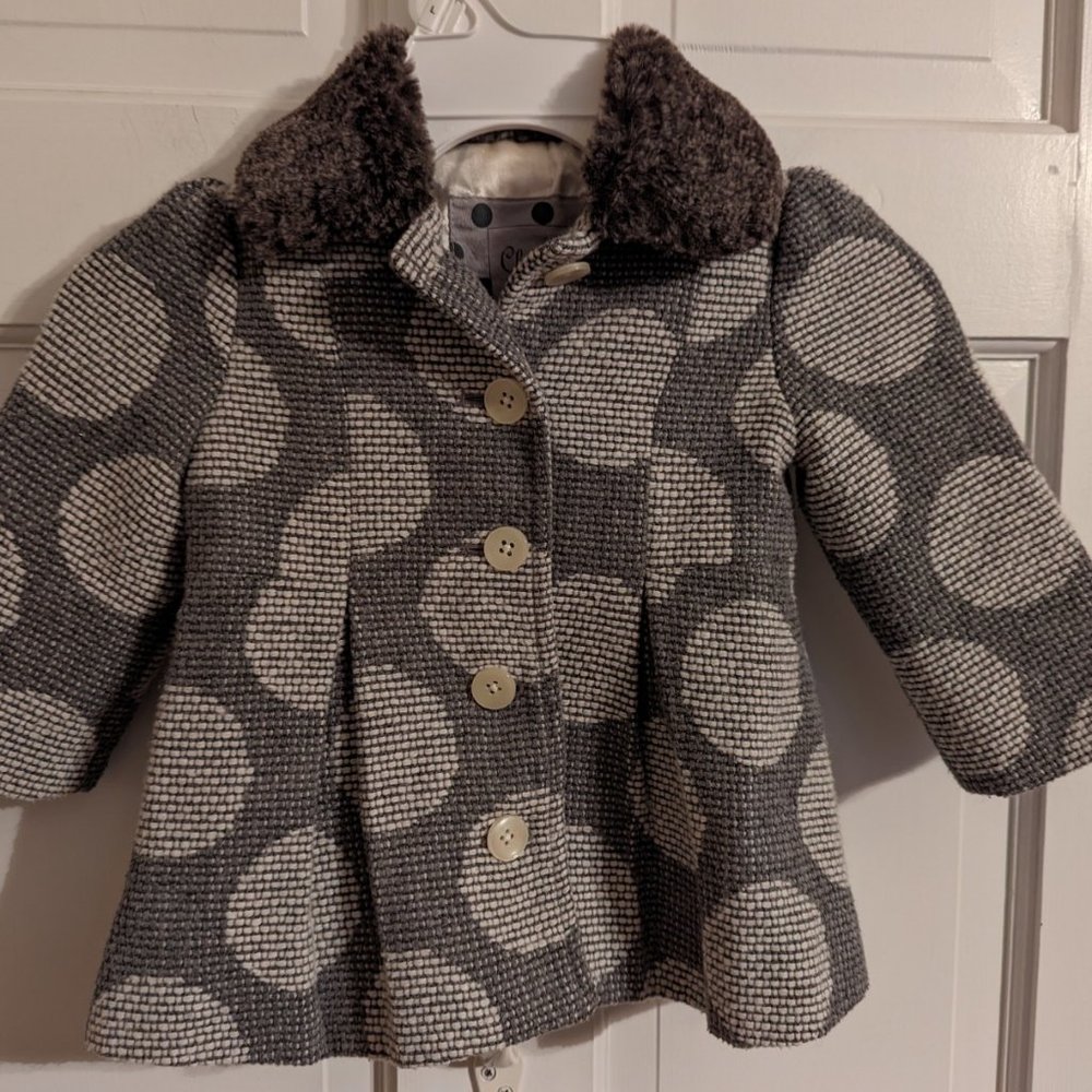Cherokee Baby Girls Gray & White Polka Dot Button Down Coat Faux Fur Collar 12M